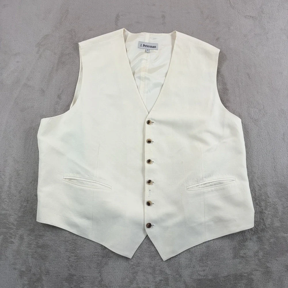 J.Peterman Blazer Sport Coat Jacket & Vest Set in Ivory Silk Linen Blend Men 56